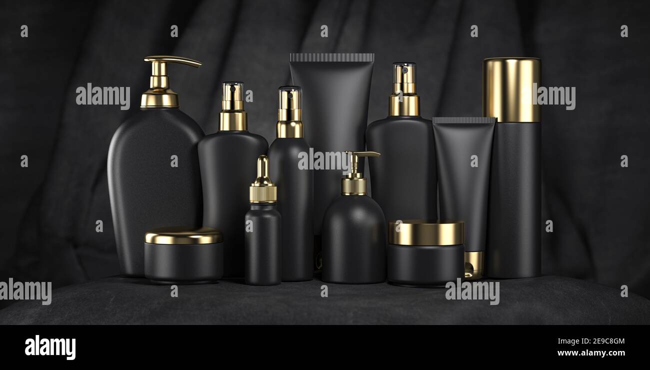Luxury cosmetic products in black and gold package, tubes and bottles on black velvet background. 3d illustration. Stock Photo