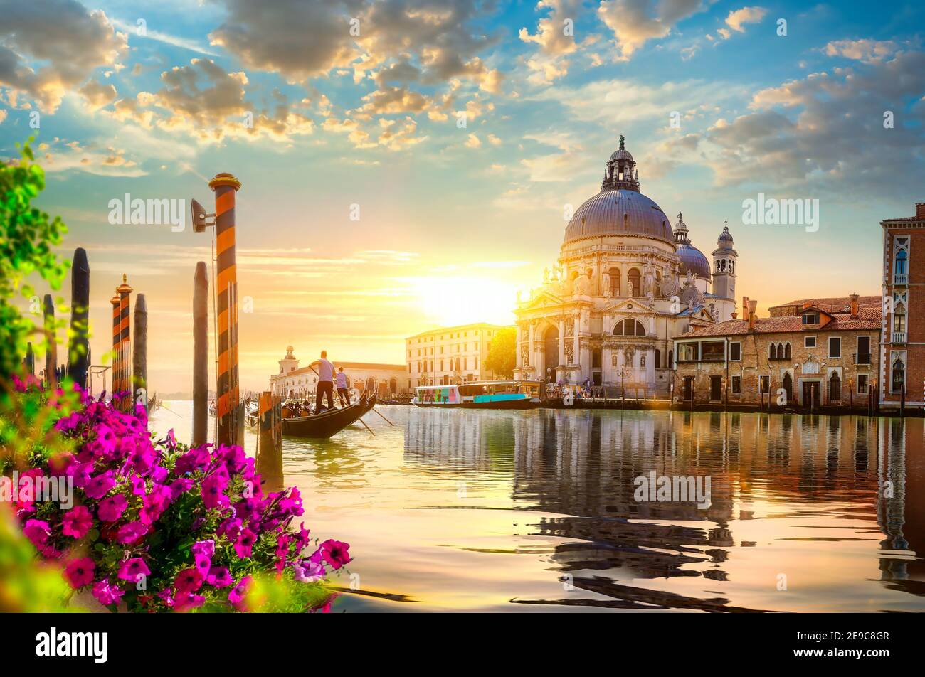 Gondolas along the Grand Canal in Venice, Italy. Stock Photo