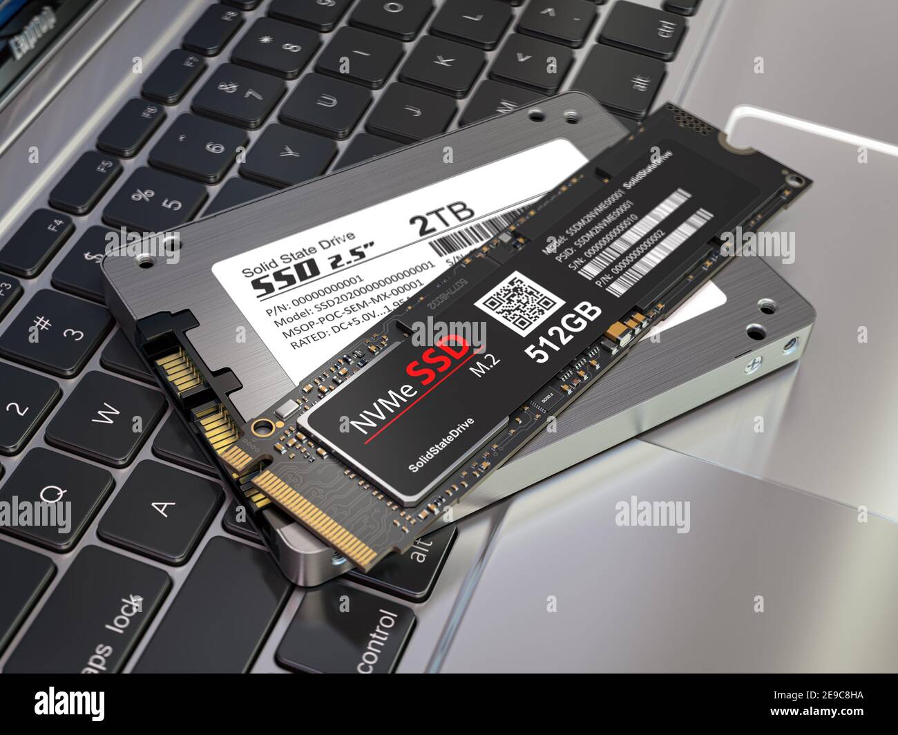 Different types of SSD disk drive isolated on laptop keyboard. Classic SSD  and SSD m2. 3d illustration Stock Photo - Alamy