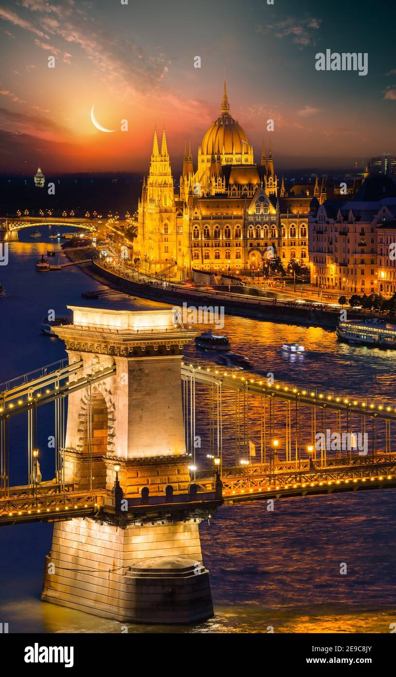 View of Budapest in evening illumination, Hungary. Stock Photo