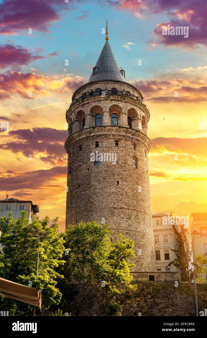Famous Galata Tower at sunset in Istanbul, Turkey. Stock Photo