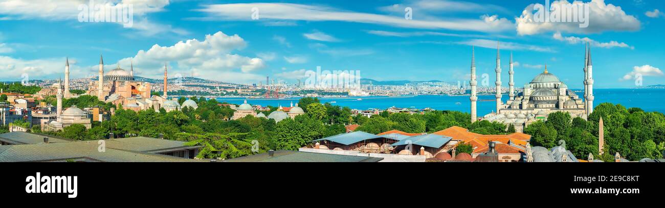 Panorama of Istanbul with the view on Blue Mosque and Hagia Sophia near Bosphorus, Turkey. Stock Photo