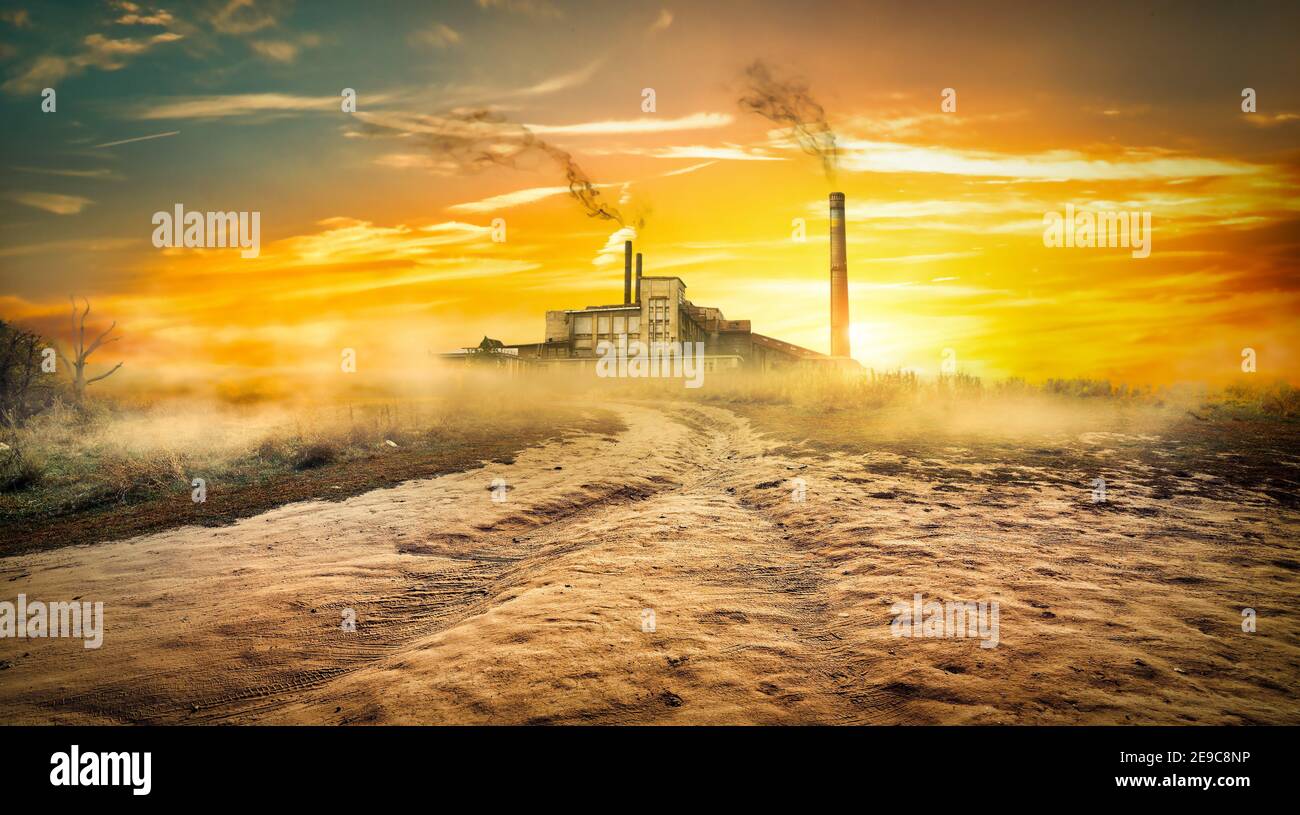 Thermal station and country road at sunset. Stock Photo