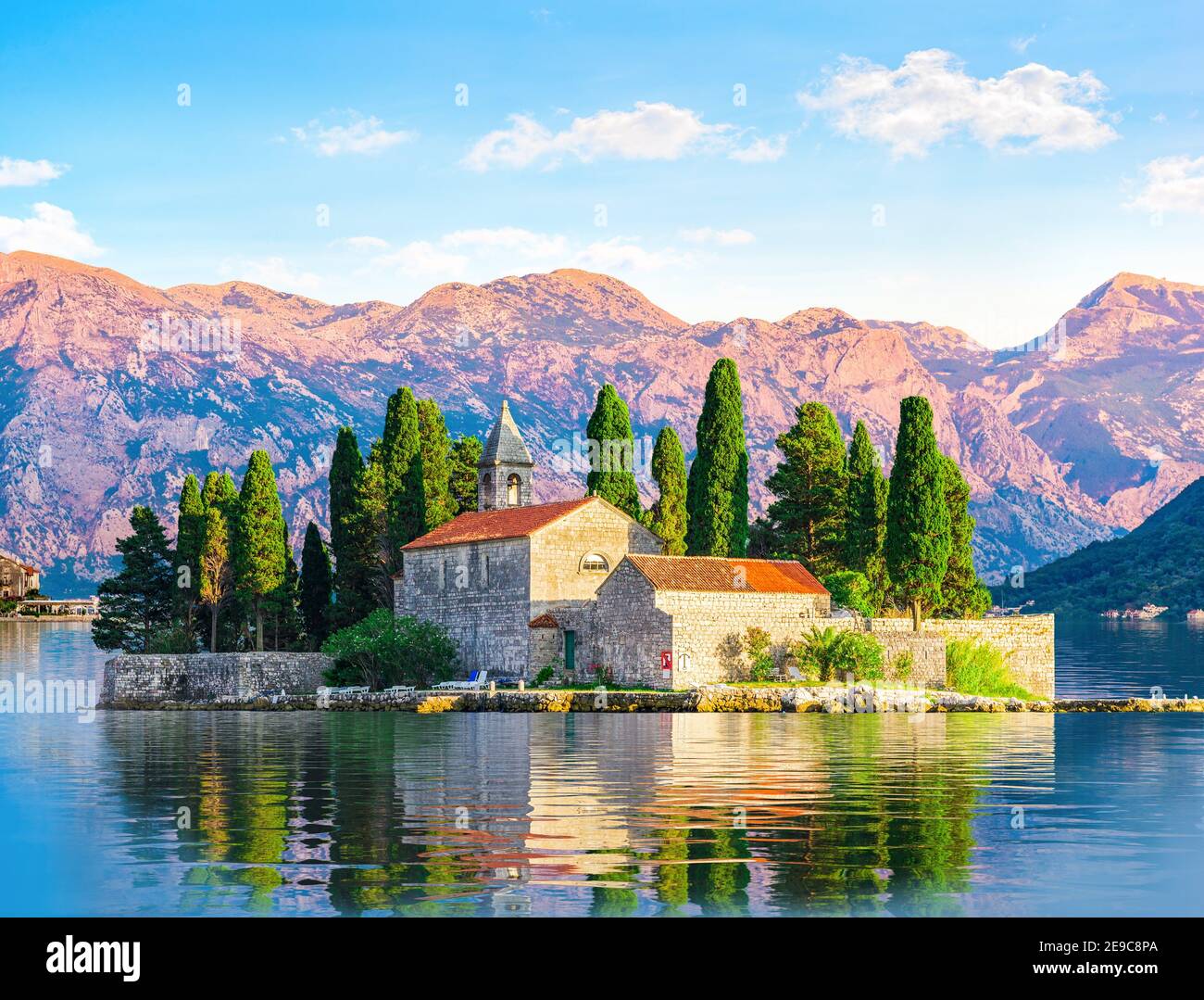 Island of Saint George among the mountains of Perast, Montenegro. Stock Photo
