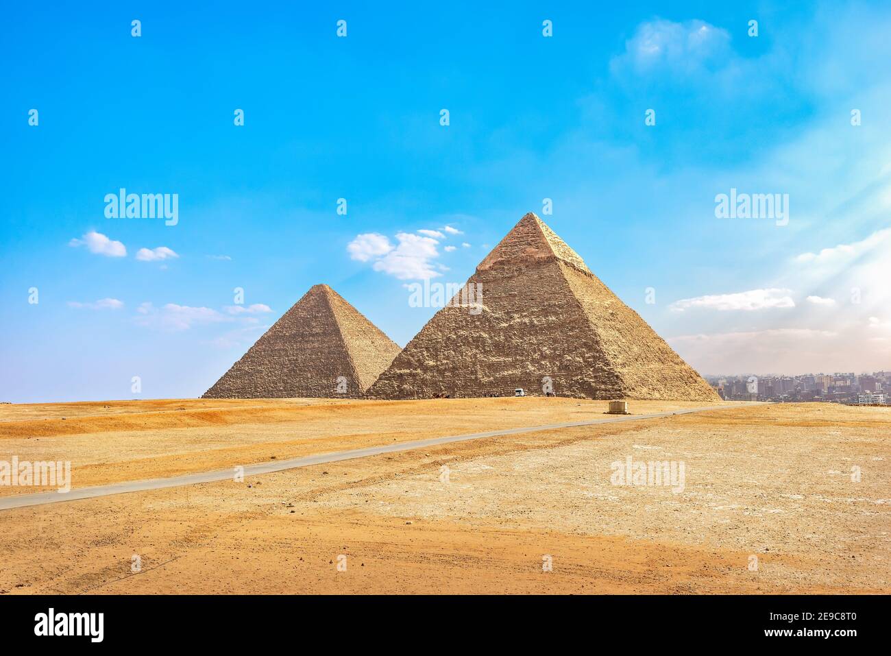 Khafre and Cheops pyramids in desert of Giza at summer day, Cairo. Stock Photo