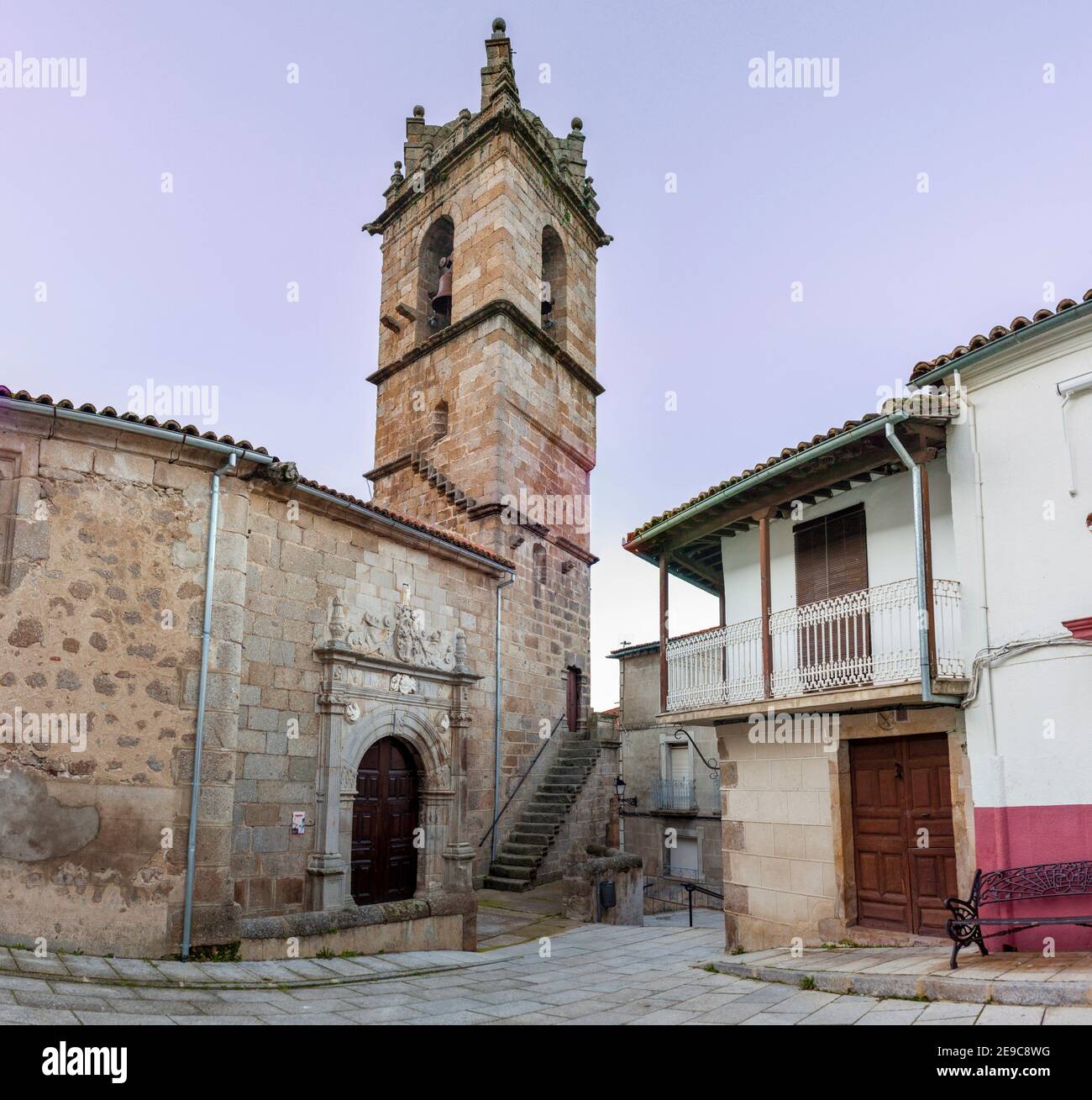 Church of Santa Maria de la Asuncion of Banos de Montemayor. Nice Village of Ambroz Valley, Caceres, Extremadura, Spain. Stock Photo