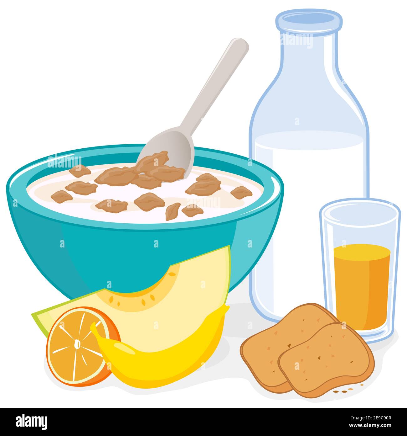 https://c8.alamy.com/comp/2E9C90R/healthy-breakfast-a-bowl-of-cereal-bottle-of-milk-juice-toast-and-fruits-melon-orange-and-banana-2E9C90R.jpg