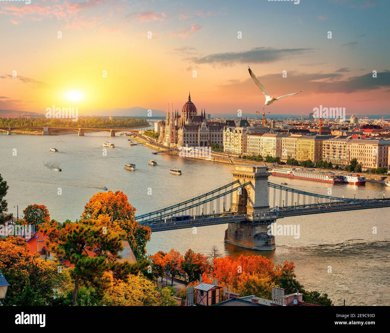 Sunset of Budapest landmarks at beautiful sunset. Stock Photo
