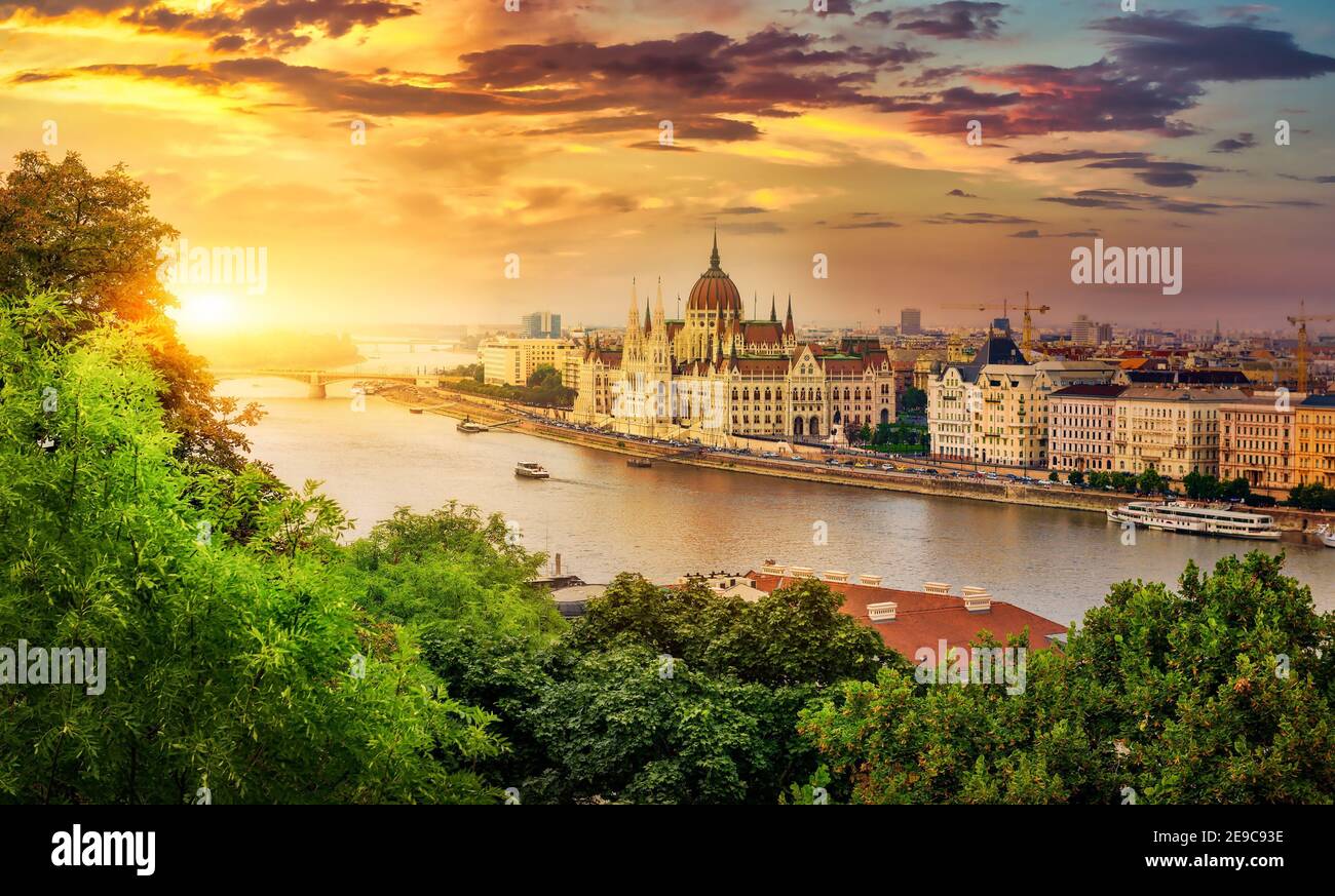 Panoramic view from above on landmarks of Budapest at summer sunset, Hungary. Stock Photo