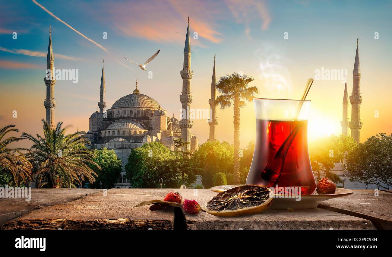 Tea and Blue Mosque and Bosphorus in Istanbul, Turkey. Stock Photo
