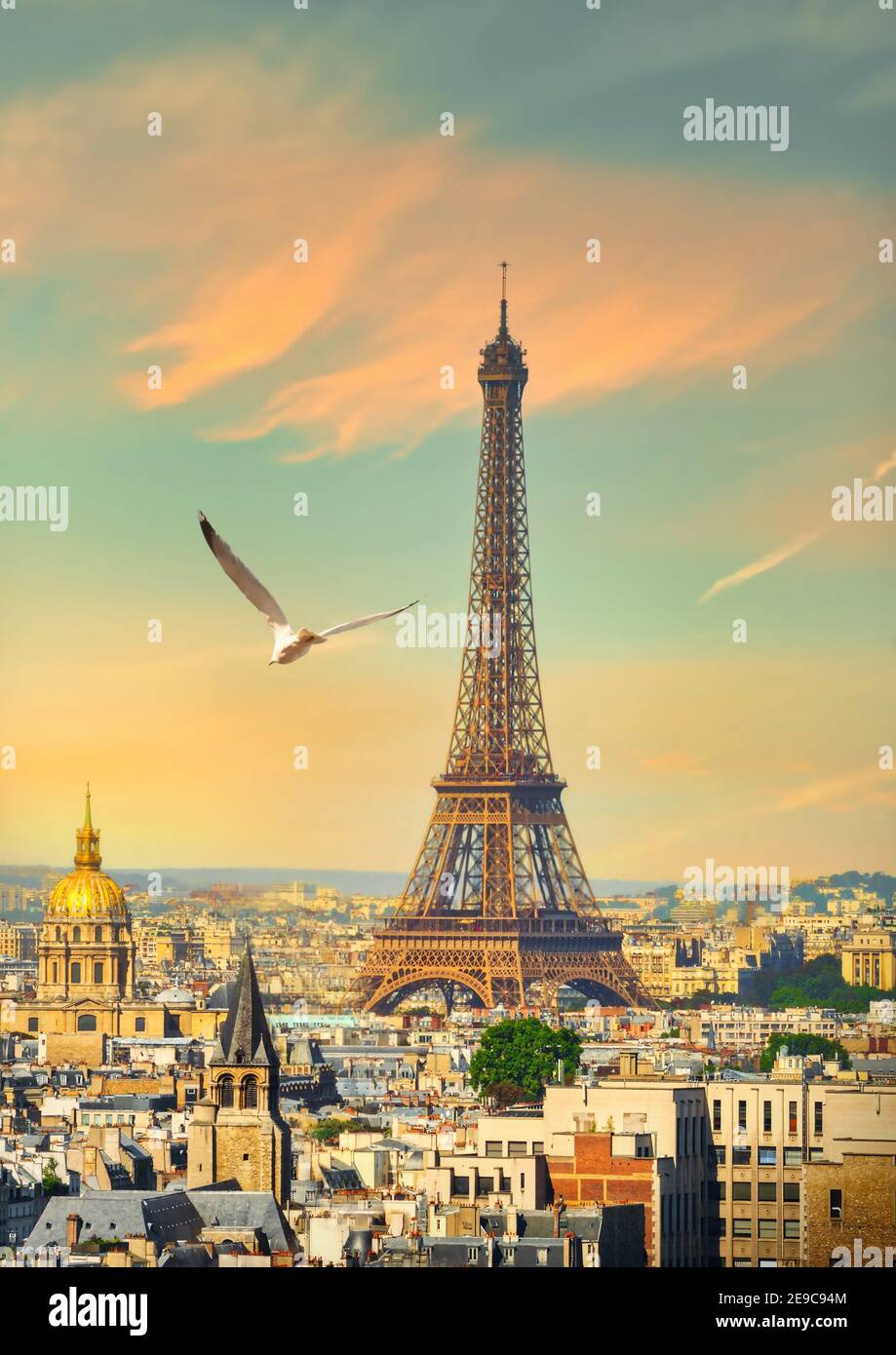 Parisian cityscape with the view on Eiffel Tower at sunset, France. Stock Photo
