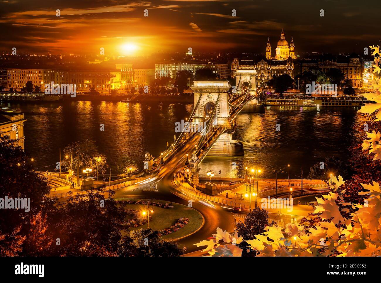 Szechenyi bridge and cityscape of Budapest at night, Hungary. Stock Photo