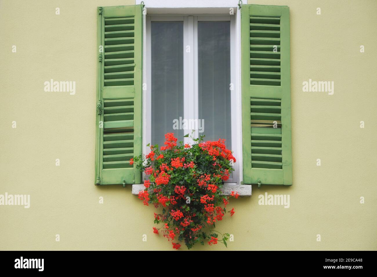 Old Window with Green Shutter and Flowers Stock Photo - Alamy