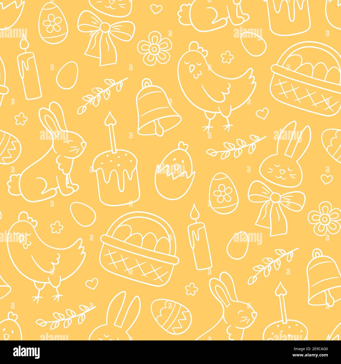 Cute Easter doodle seamless pattern with bunny, basket, easter eggs ...