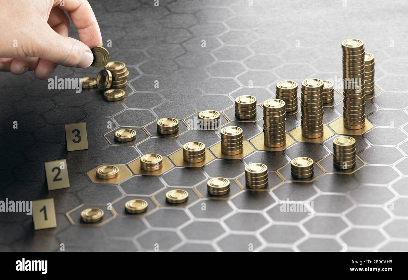 Human hand stacking generic coins over a black background with hexagonal golden shapes. Concept of investment management and portfolio diversification Stock Photo