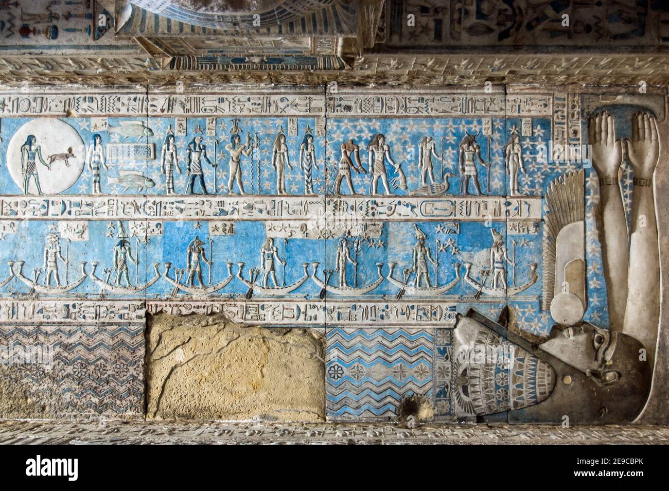 Astrological symbols on the ceiling of Dendera Temple near Qena, Egypt. The goddess of the night Nut is enclosing the symbols with her body and arms. Stock Photo