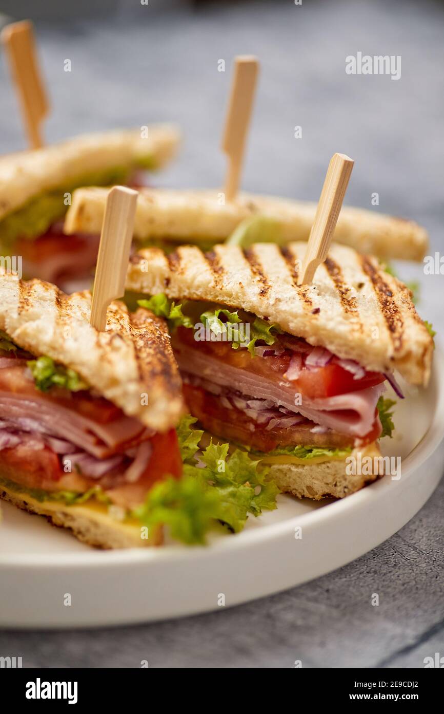 Appetizing Fresh And Healthy Grilled Club Sandwiches With Ham And Cheese Stock Photo Alamy