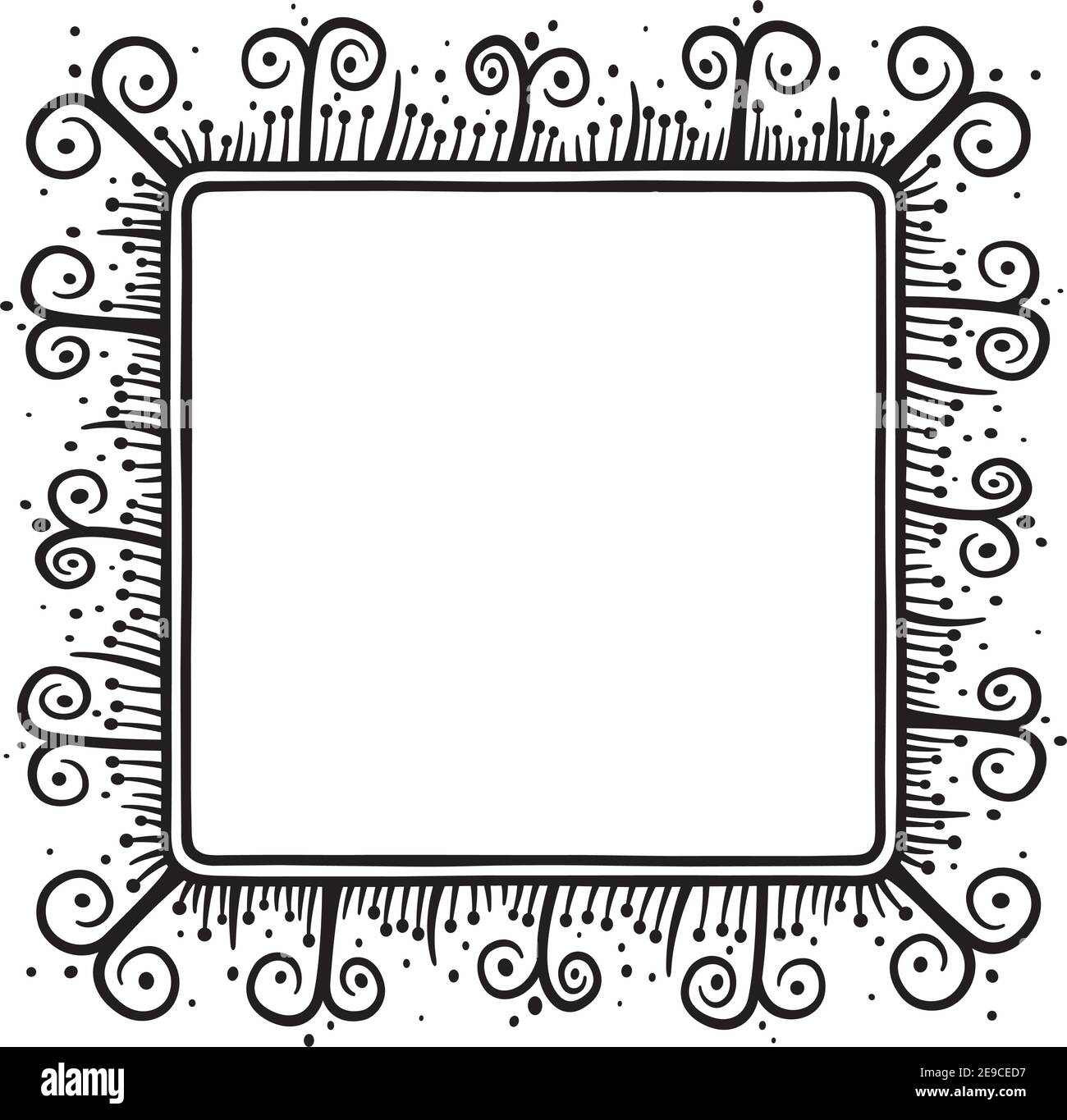 Vector illustration in black line on white background of a square border in floral style. Stock Vector