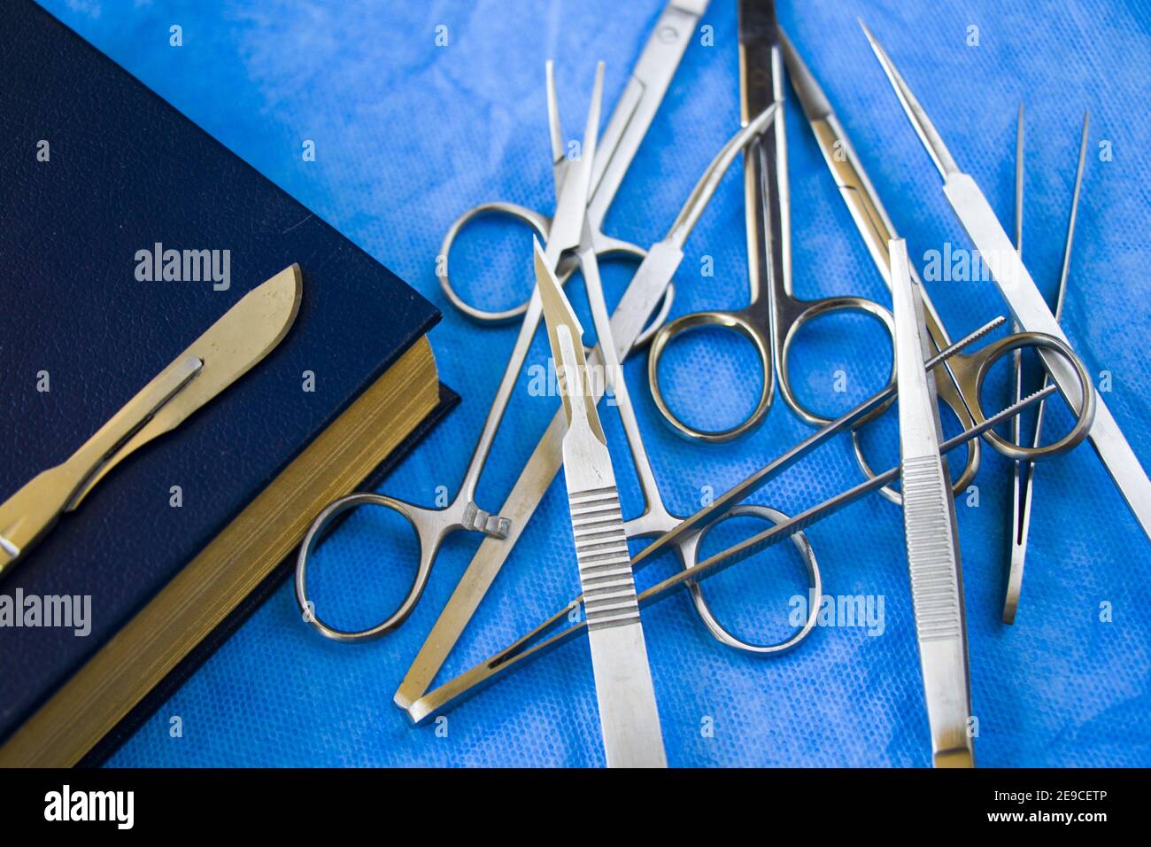 Top view of dissection kit tools on blue surgical cloth Stock Photo Alamy