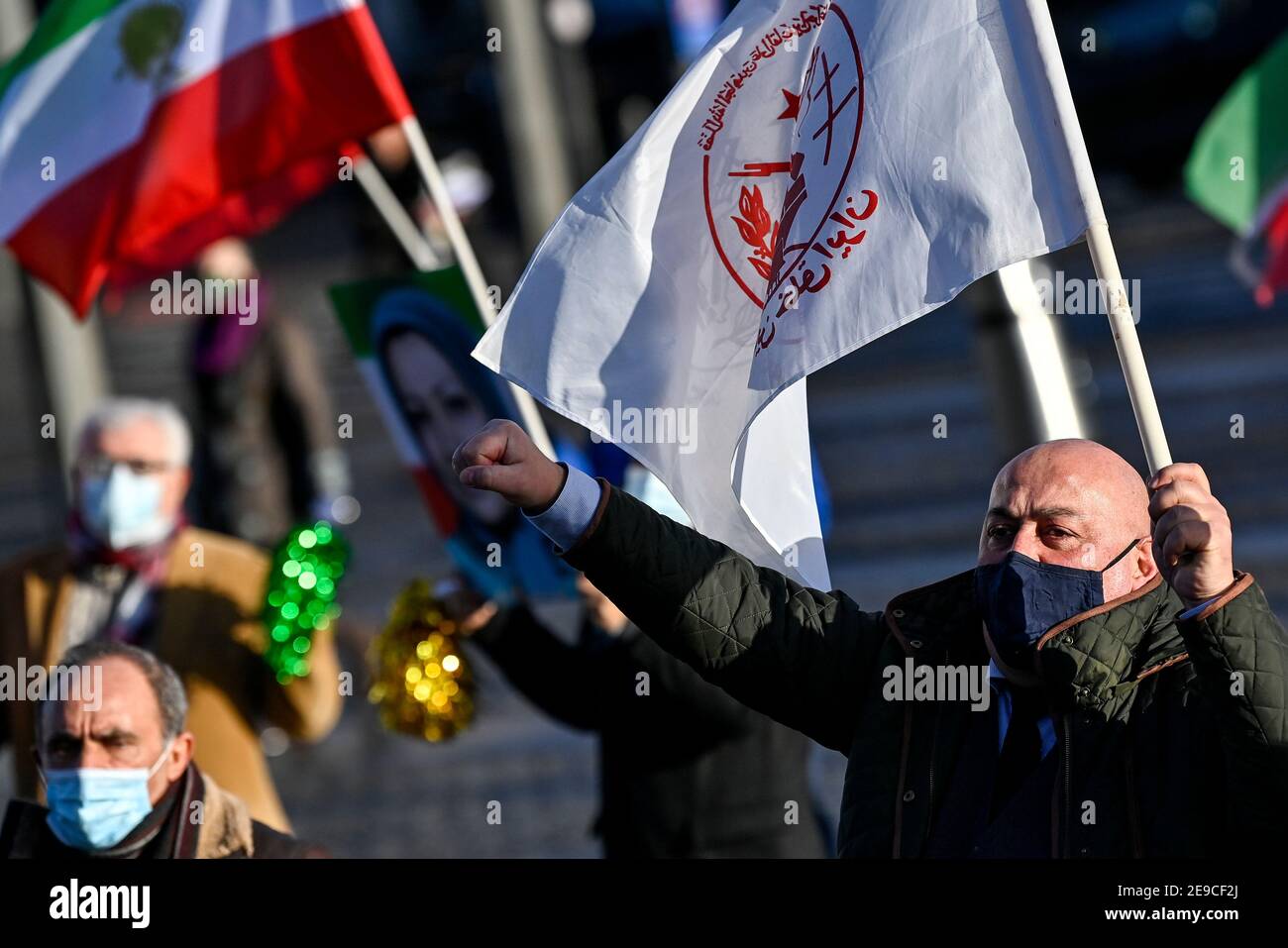 Protesters pictured outside during a session of the trial of four persons, including a Belgian couple with Iranian origin (Amir S. and his wife Nasime Stock Photo