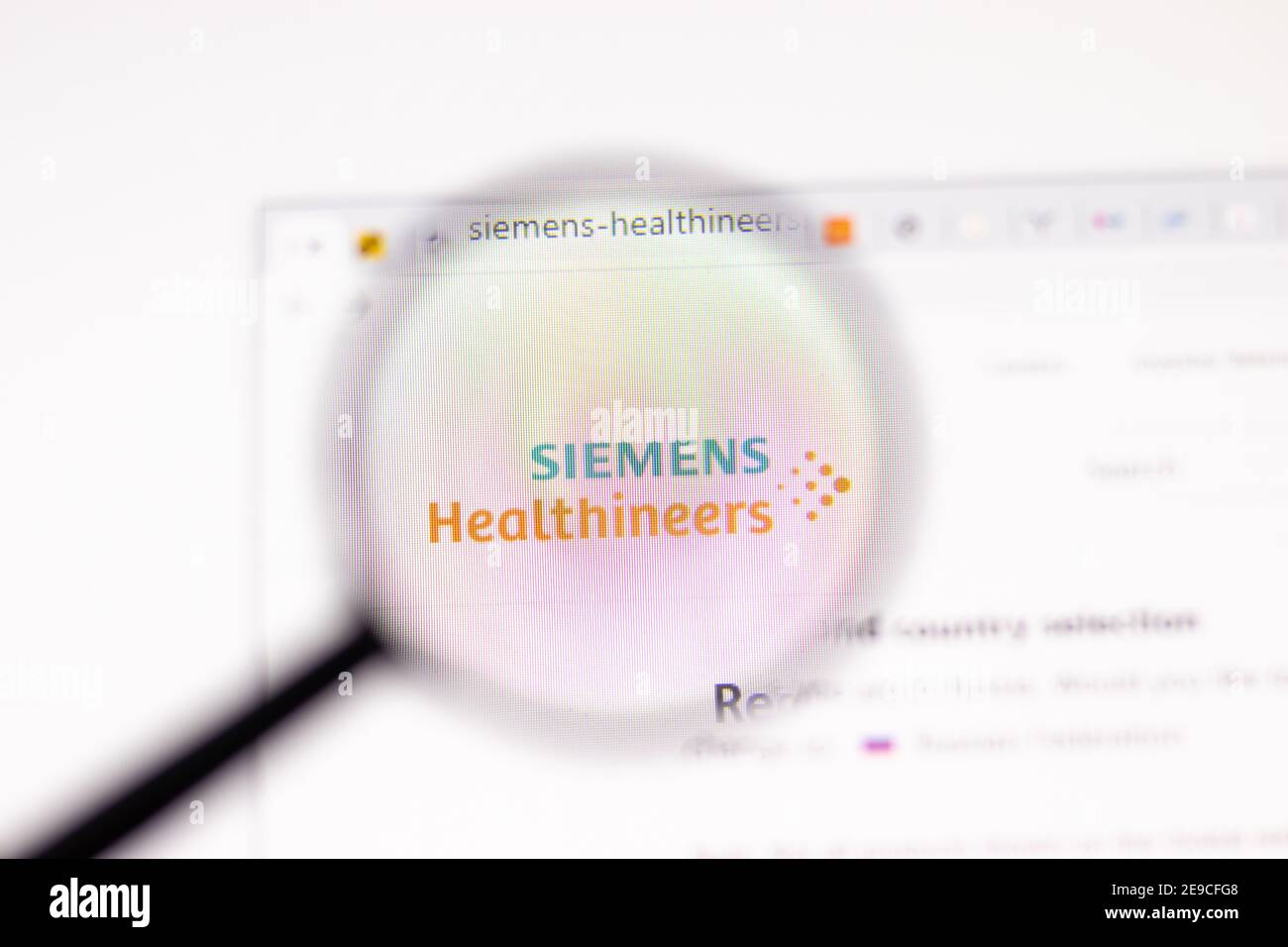 Los Angeles, USA - 1 February 2021: Siemens Healthineers website page. Siemens-Healthineers.com logo on display screen, Illustrative Editorial Stock Photo
