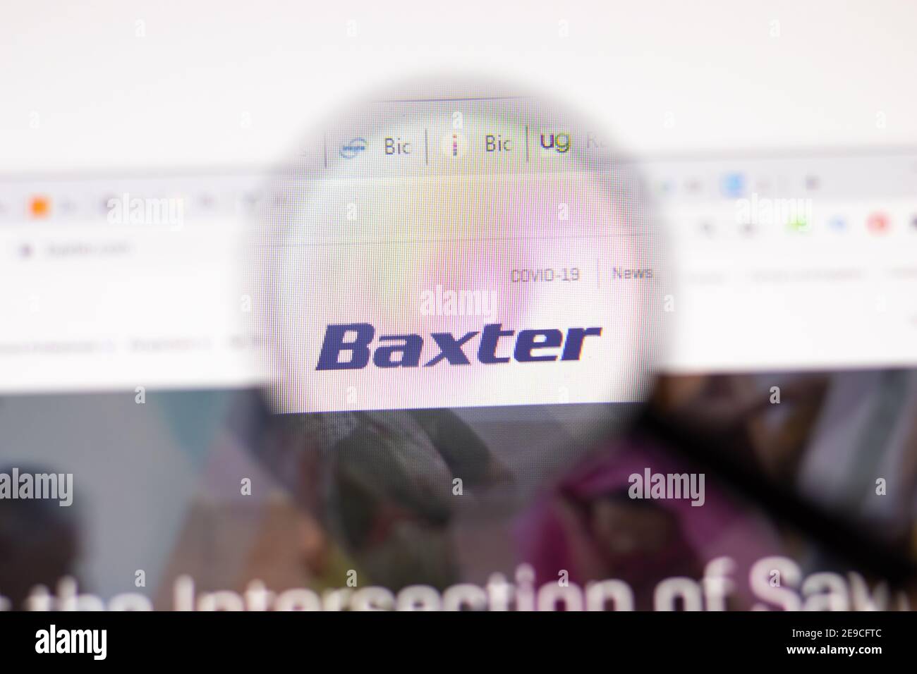 Los Angeles, USA - 1 February 2021: Baxter International website page. Baxter.com logo on display screen, Illustrative Editorial Stock Photo