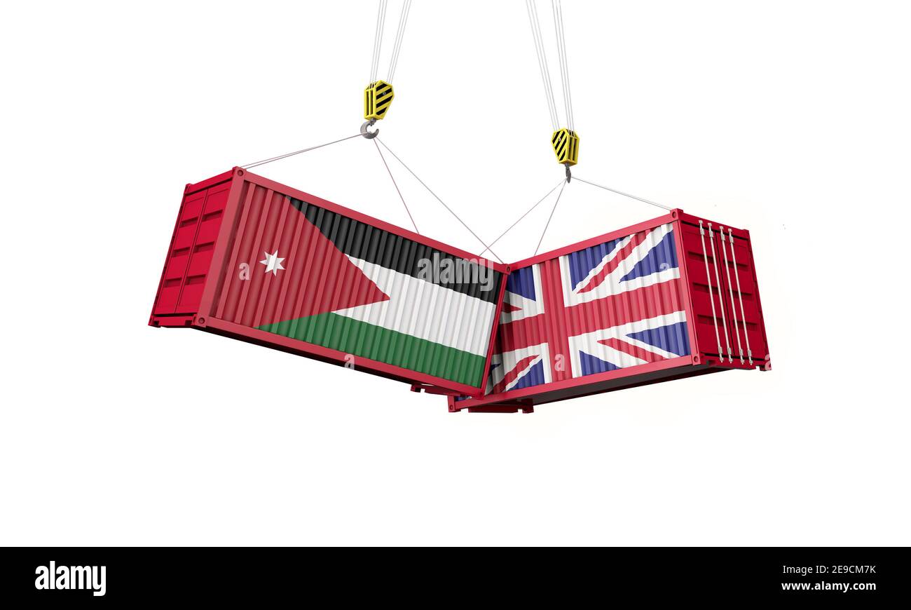 UK and jordan business trade deal. Clashing cargo containers. 3D Render Stock Photo