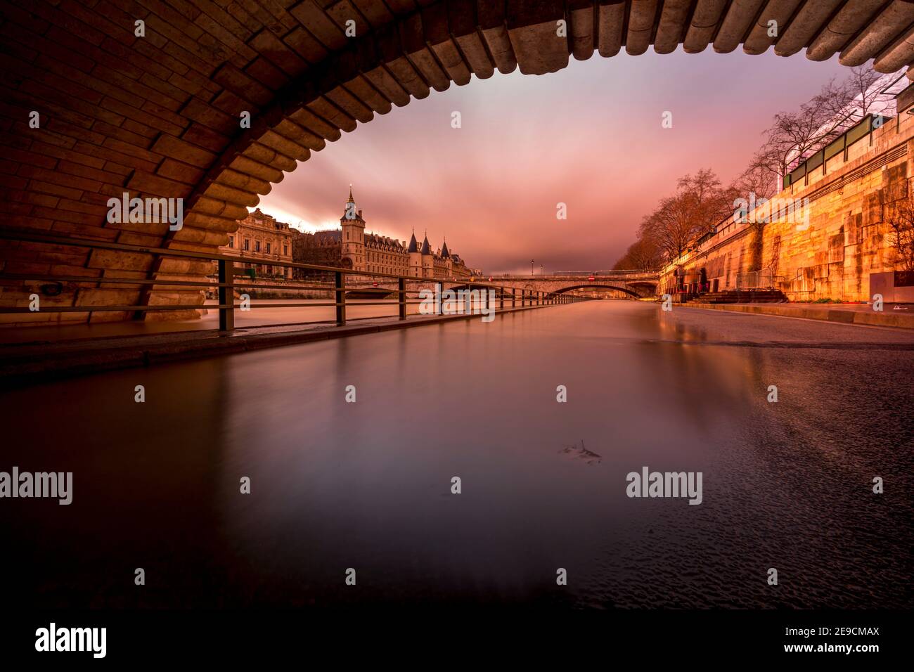 Paris, France - February 3, 2021: View of Paris flood as river Seine rises and approaches record level Stock Photo