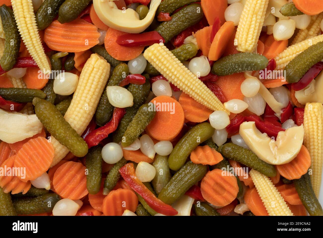 Colorful pickled vegetable mix close up full frame Stock Photo