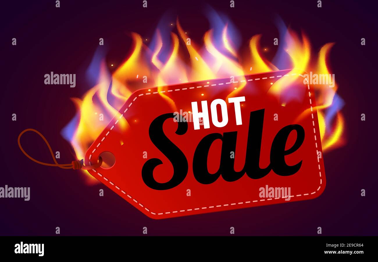 Realistic fire label. Hot deal and sale offer text banners with shiny