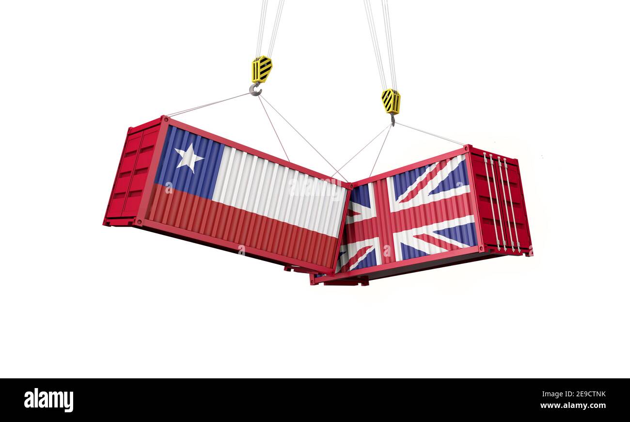 UK and chile business trade deal. Clashing cargo containers. 3D Render Stock Photo