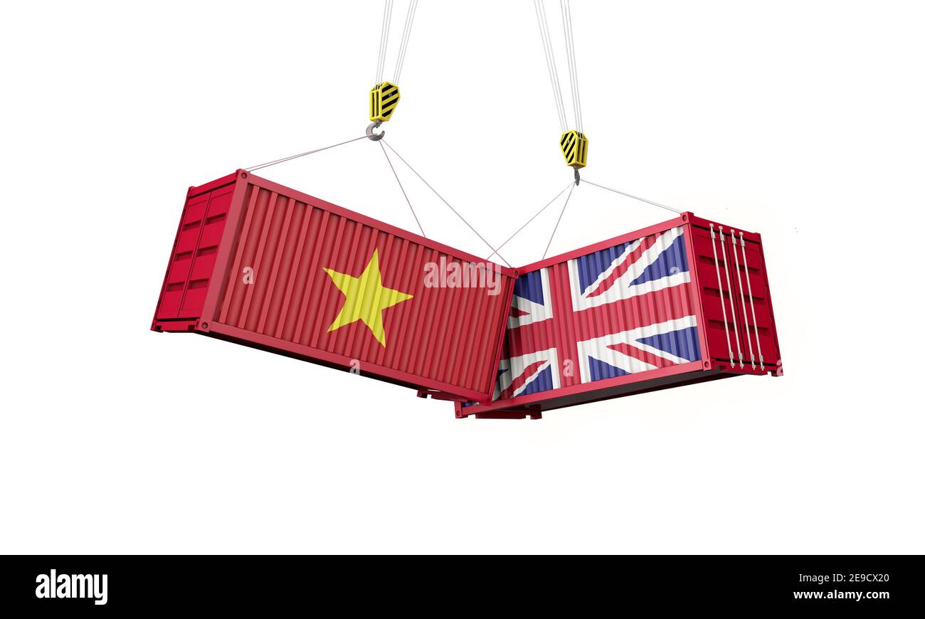 UK and vietnam business trade deal. Clashing cargo containers. 3D Render Stock Photo