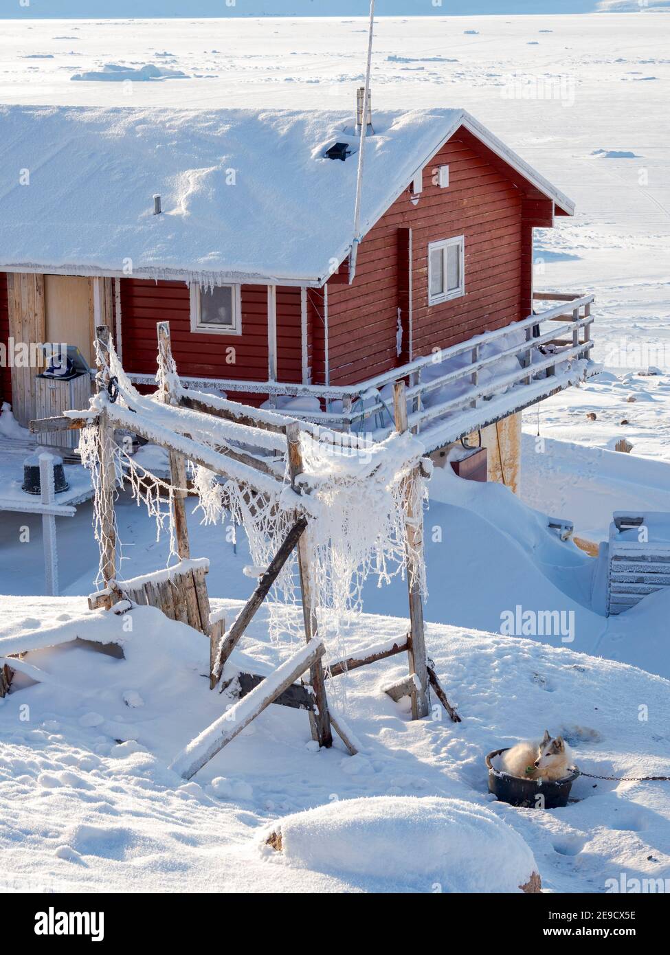 The traditional and remote greenlandic inuit village Kullorsuaq, Melville Bay, part of  Baffin Bay. America, North America, Greenland, Danish territor Stock Photo