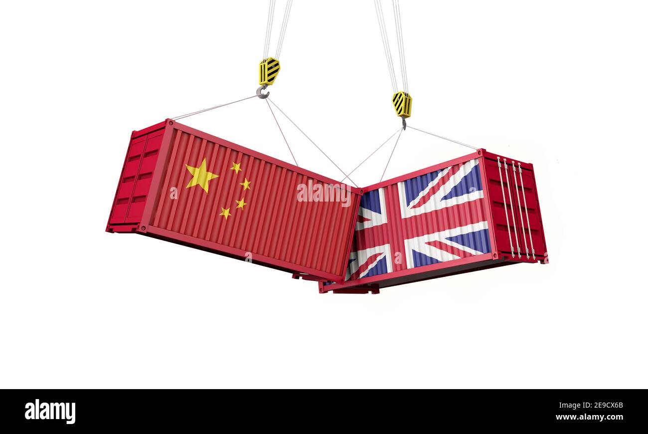 UK and china business trade deal. Clashing cargo containers. 3D Render Stock Photo