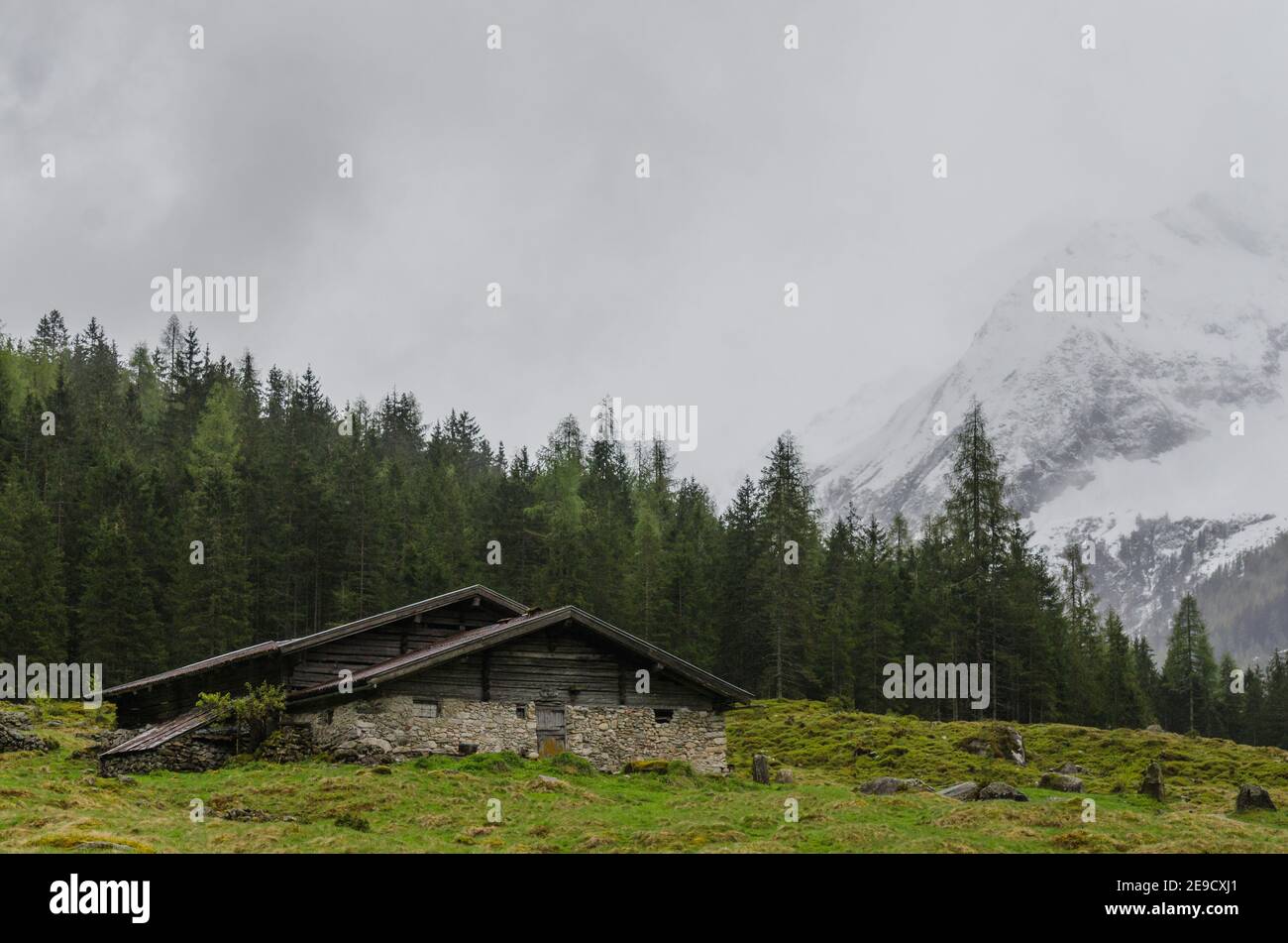 house in snowy mountains with forest Stock Photo