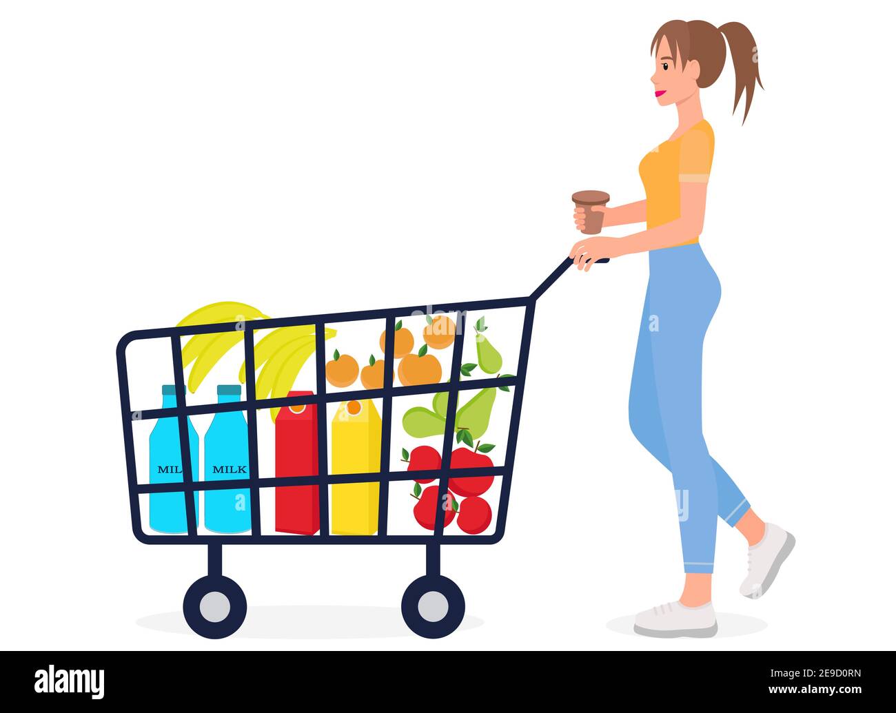 A woman is pushing a cart with groceries. The girl makes purchases in the store. Vector. Full basket, girl with coffee. Editable object. Stock Vector