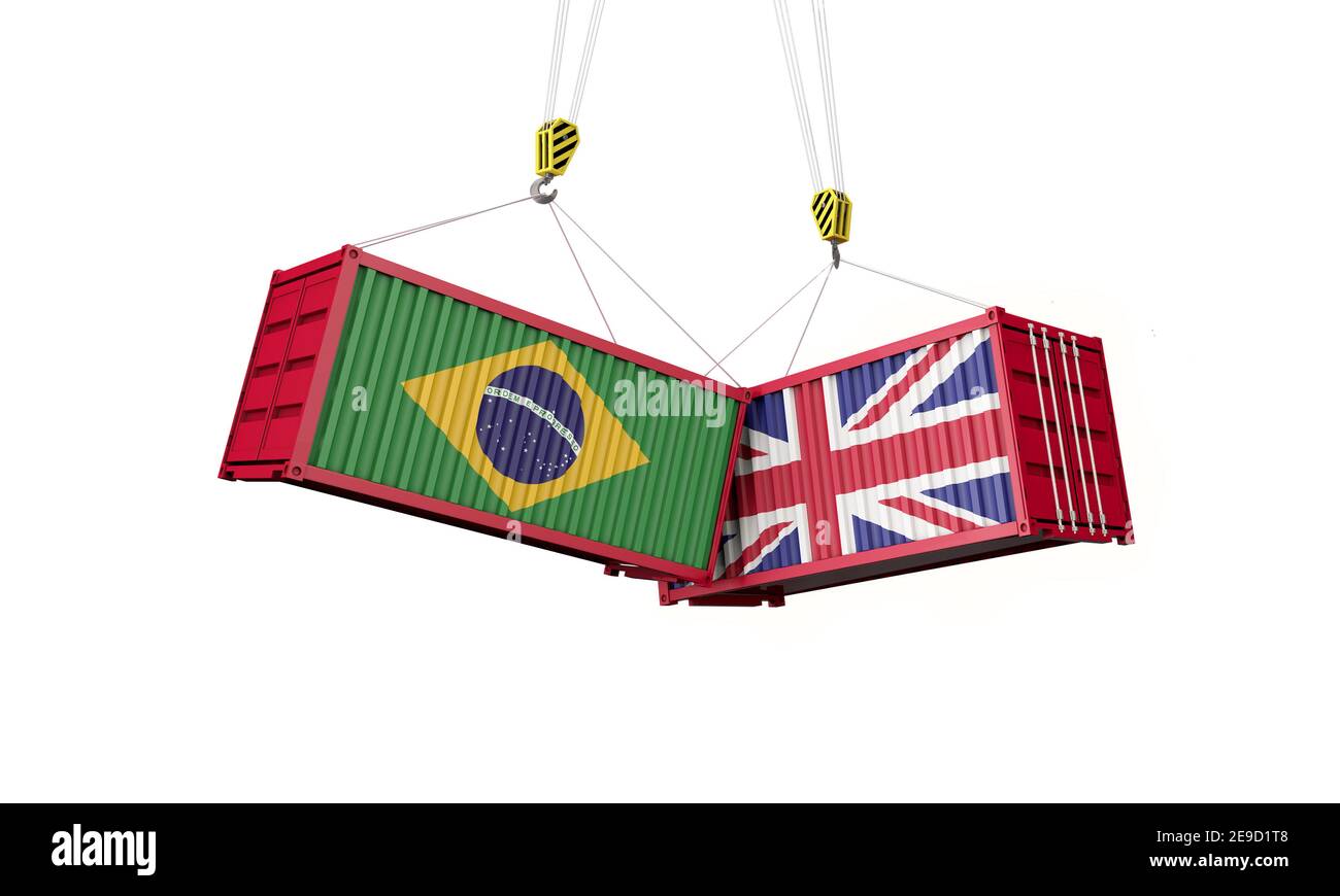 UK and brazil business trade deal. Clashing cargo containers. 3D Render Stock Photo