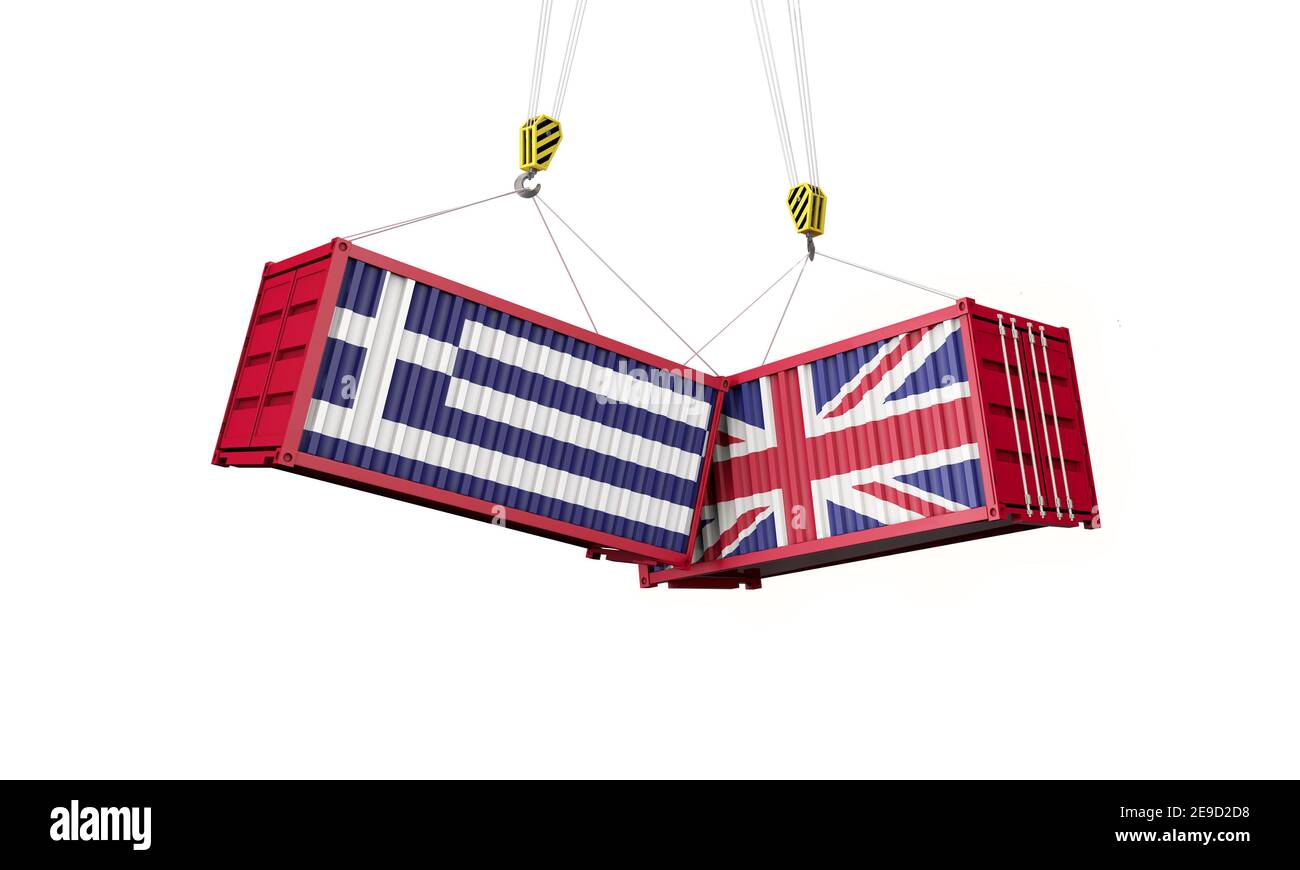 UK and greece business trade deal. Clashing cargo containers. 3D Render Stock Photo