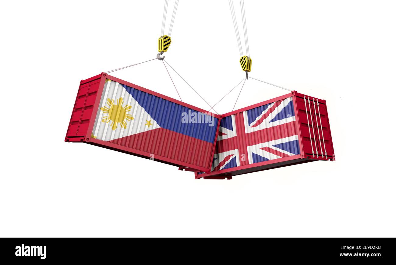 UK and philippines business trade deal. Clashing cargo containers. 3D Render Stock Photo