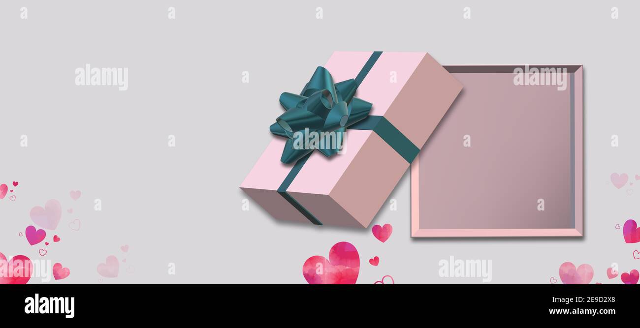 Gift box with bow top view on white background, pink hearts confetti ...