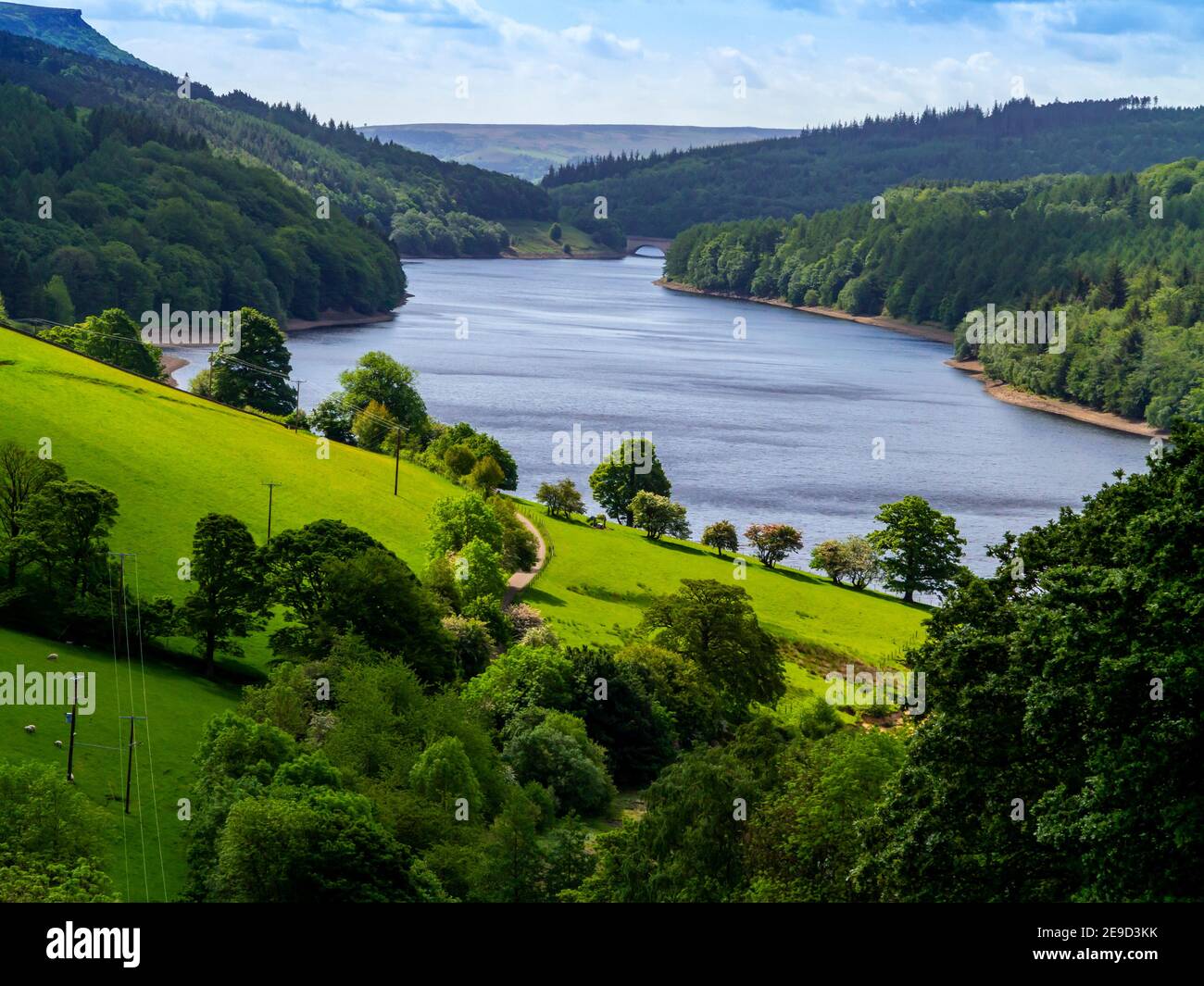 Rolling countryside and Derwent Reservoir in the Upper Derwent Valley area of the Peak District National Park, High Peak, Derbyshire, England, UK Stock Photo