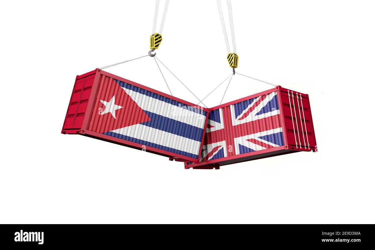 UK and cuba business trade deal. Clashing cargo containers. 3D Render Stock Photo