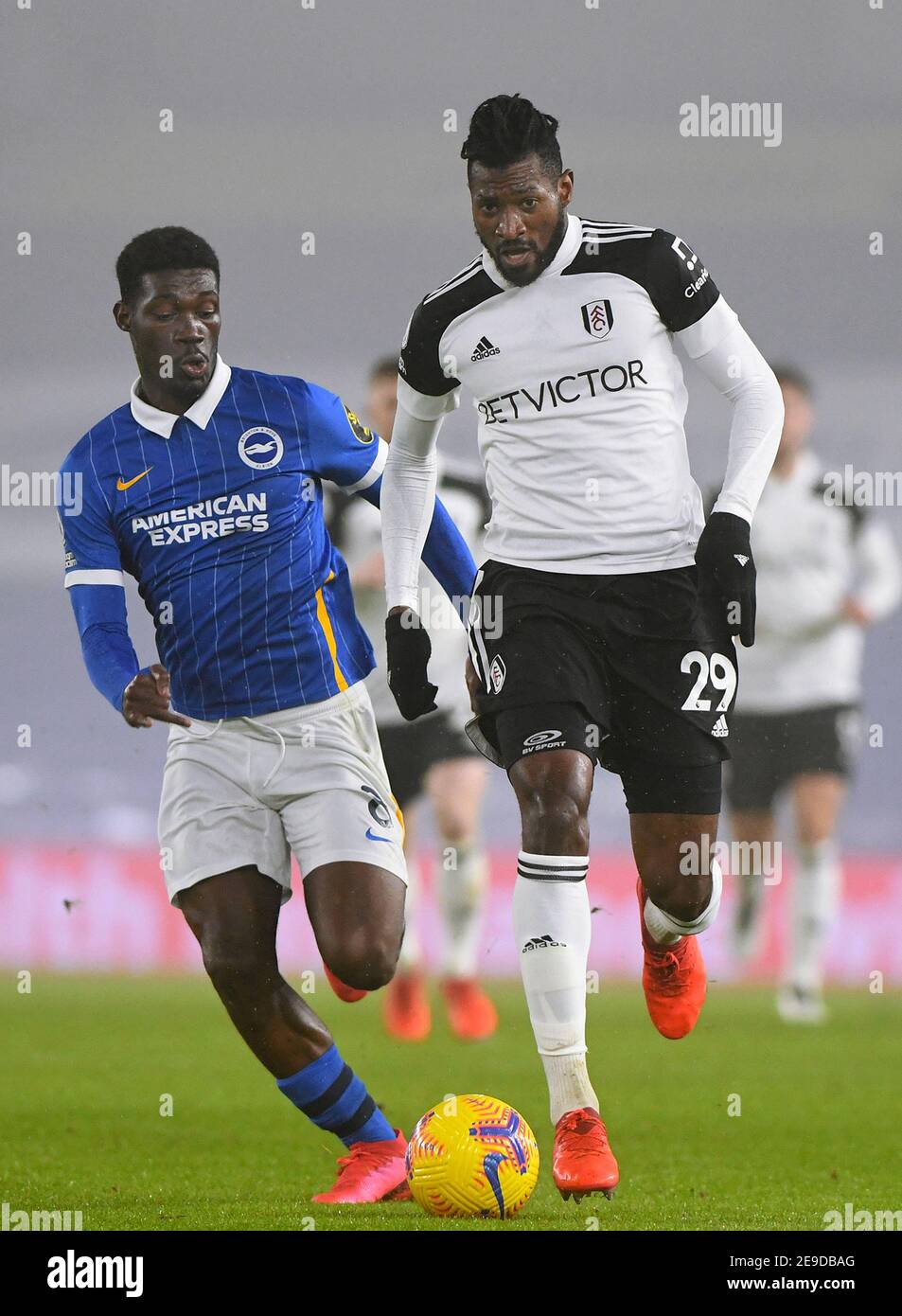 Andre Frank Zambo Anguissa Of Fulham And Yves Bissouma Of Brighton Hove Albion Brighton Hove Albion V Fulham Premier League Amex Stadium Brighton Uk 27th January 21 Editorial Use
