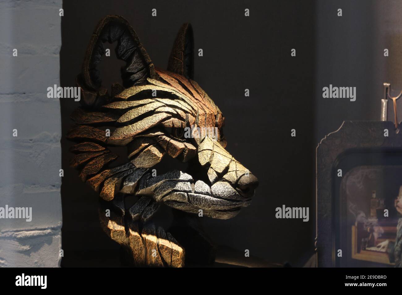 Wolf head fantasy art model, wood carving Stock Photo