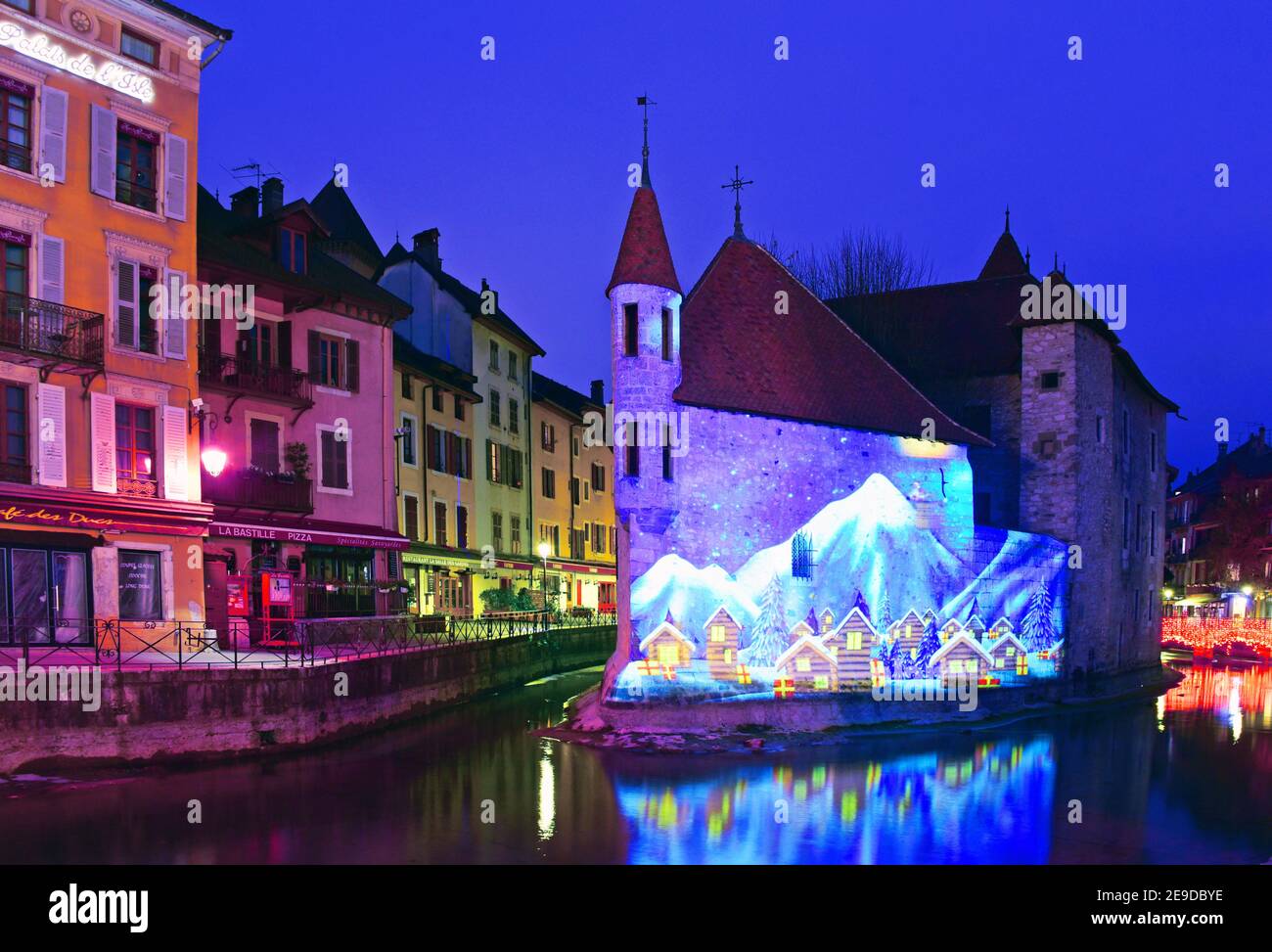 illumination for Christmas and new year in the evening, France, Haute Savoie Stock Photo