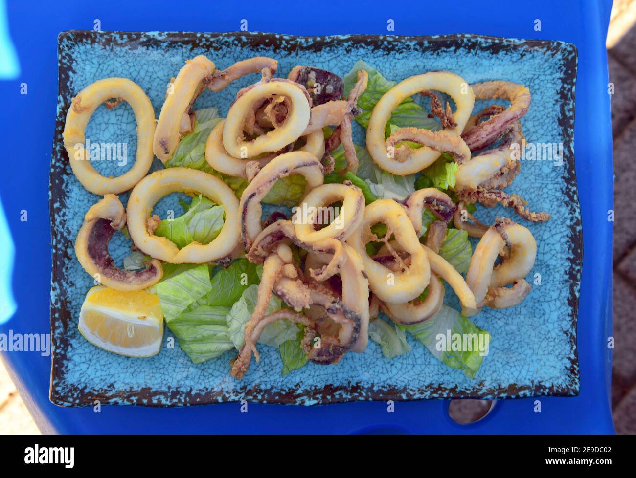 dinner plate with squid dish in San José, Spain, Andalusia Stock Photo