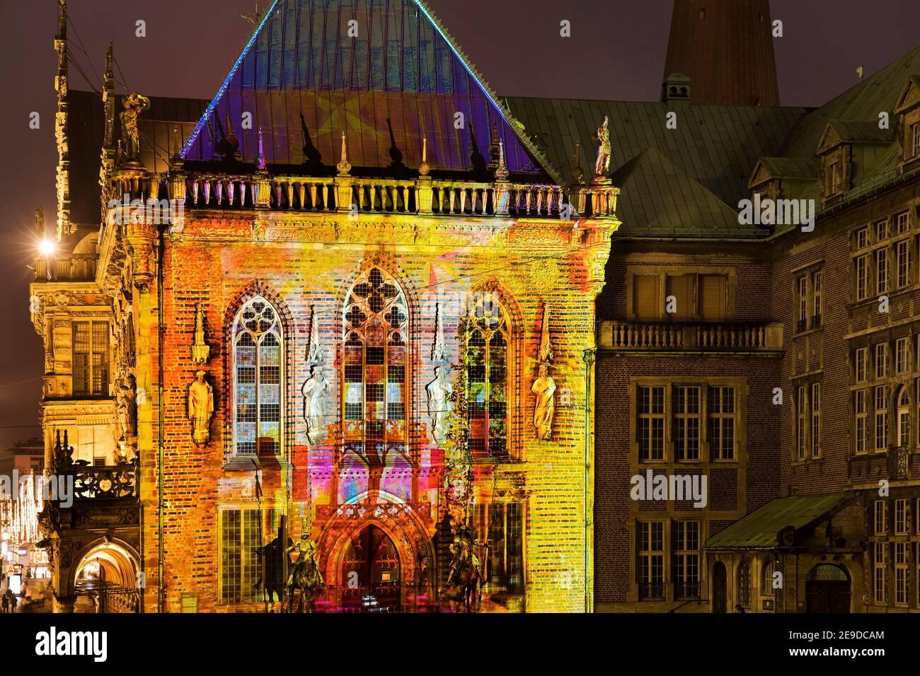 Illuminated historic Bremen town hall, light art in Bremen's old town 2020, Germany, Bremen Stock Photo