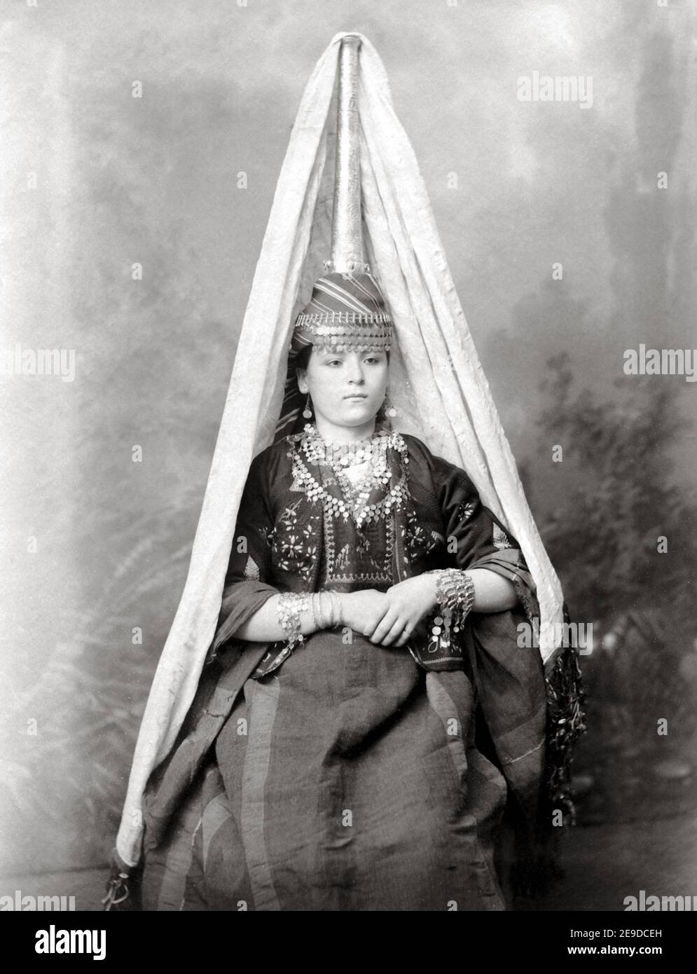 Late 19th century photograph - Druse bride, Mount Lebanon,  c.1880's, young Druze woman. Stock Photo