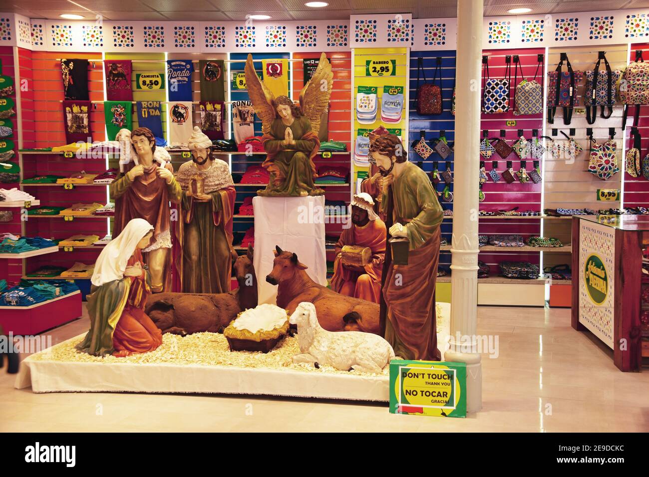 life-size nativity scene in a clothing store , Spain, Andalusia, Ronda Stock Photo