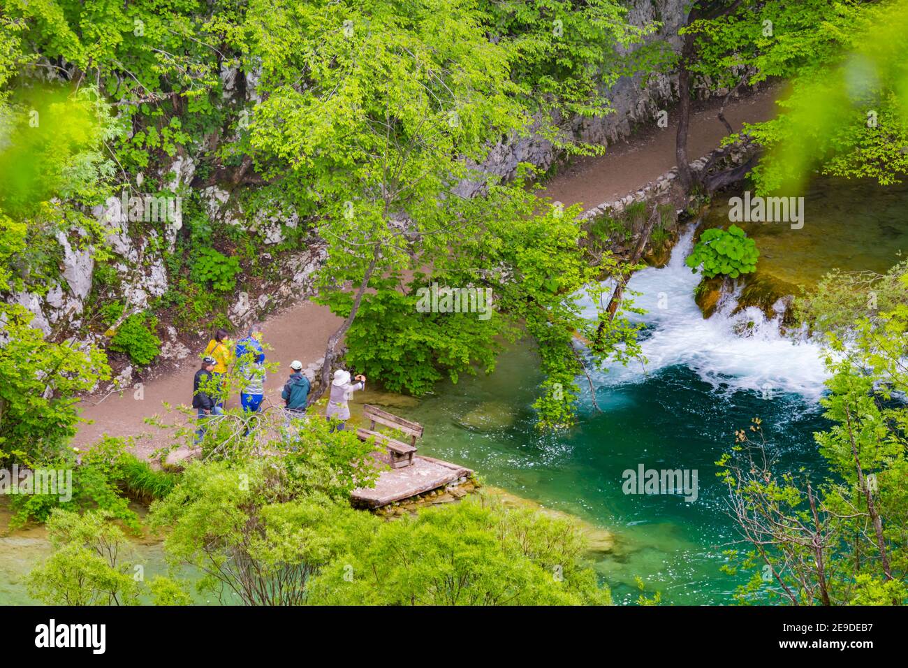People photographing small waterfall in national park Plitvice lakes Croatia Europe view from above Stock Photo